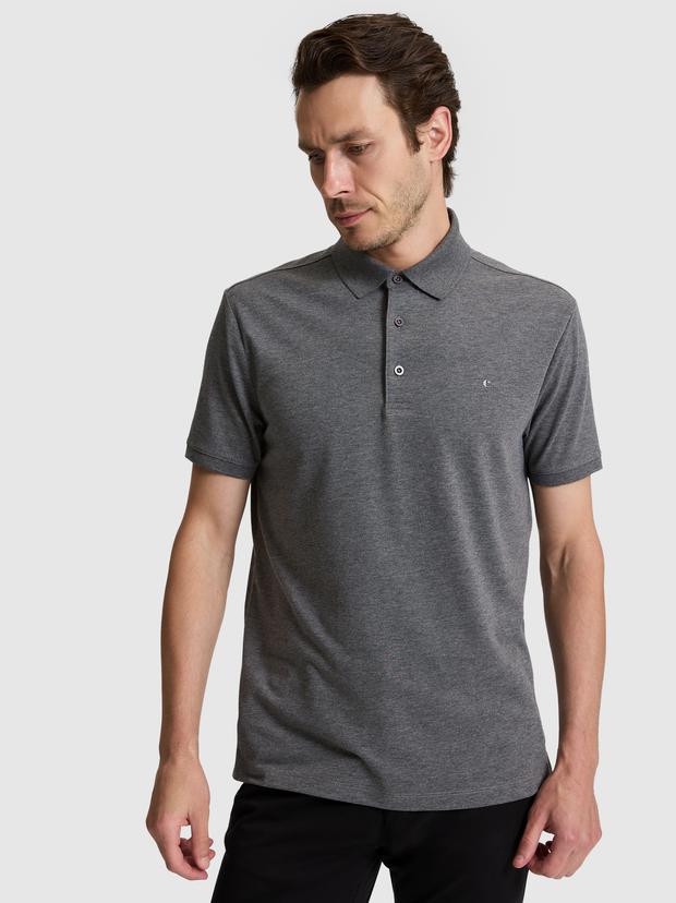 Koyu Gri Slim Fit Pamuk Karışımlı Düğmeli Polo Yaka Basic T-shirt