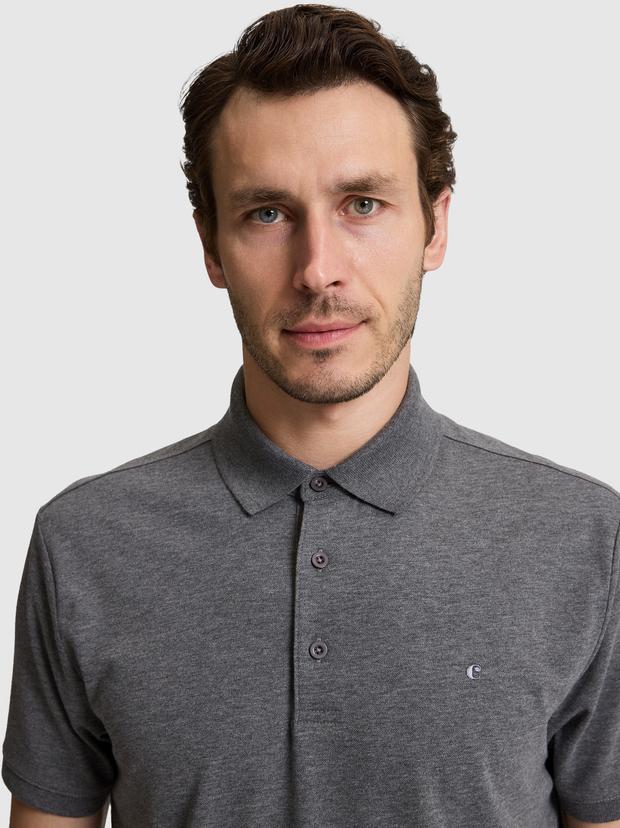 Koyu Gri Slim Fit Pamuk Karışımlı Düğmeli Polo Yaka Basic T-shirt