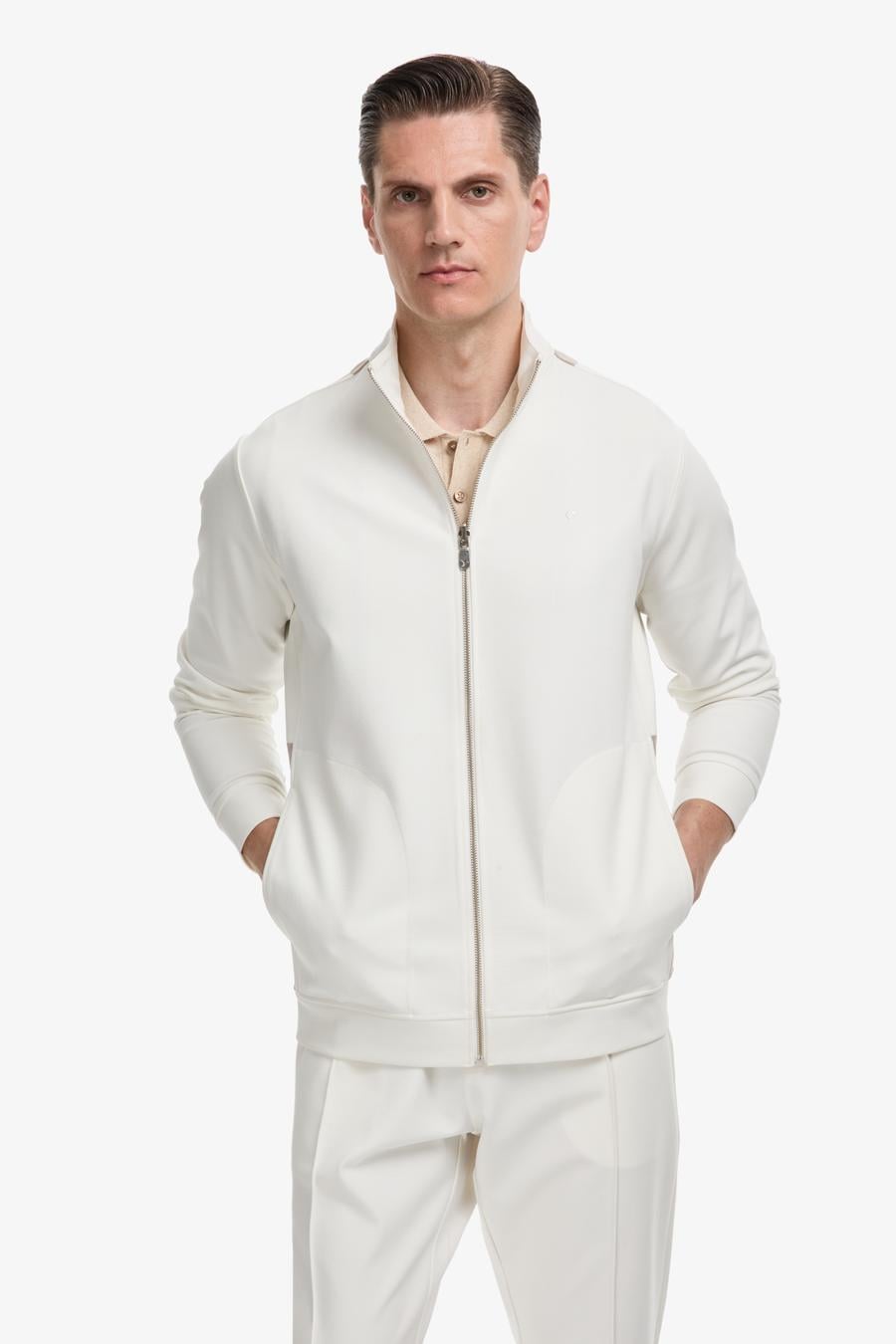 Ekru Slim Fit Tam Fermuarlı Sweatshirt - 50320609040