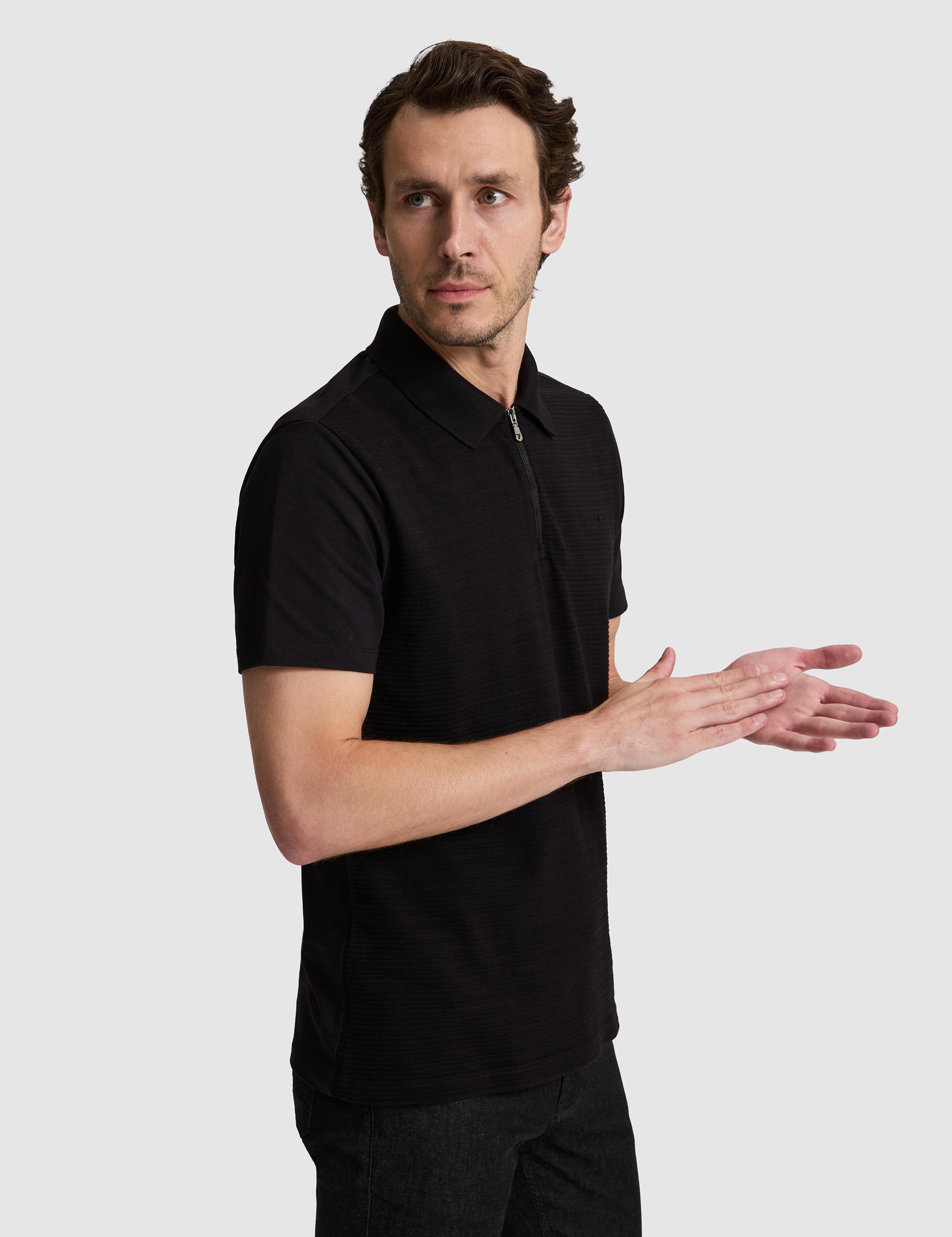 Siyah Slim Fit Fermuarlı Polo Yaka T-shirt - 50328377012