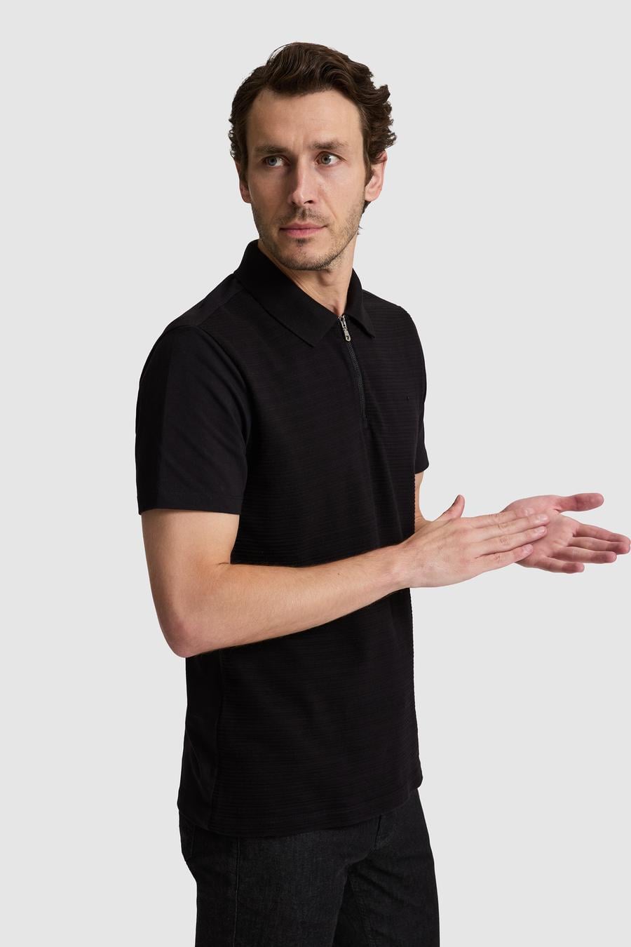 Siyah Slim Fit Fermuarlı Polo Yaka T-shirt - 50328377012