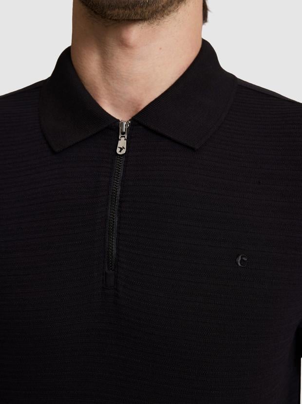 Siyah Slim Fit Fermuarlı Polo Yaka T-shirt