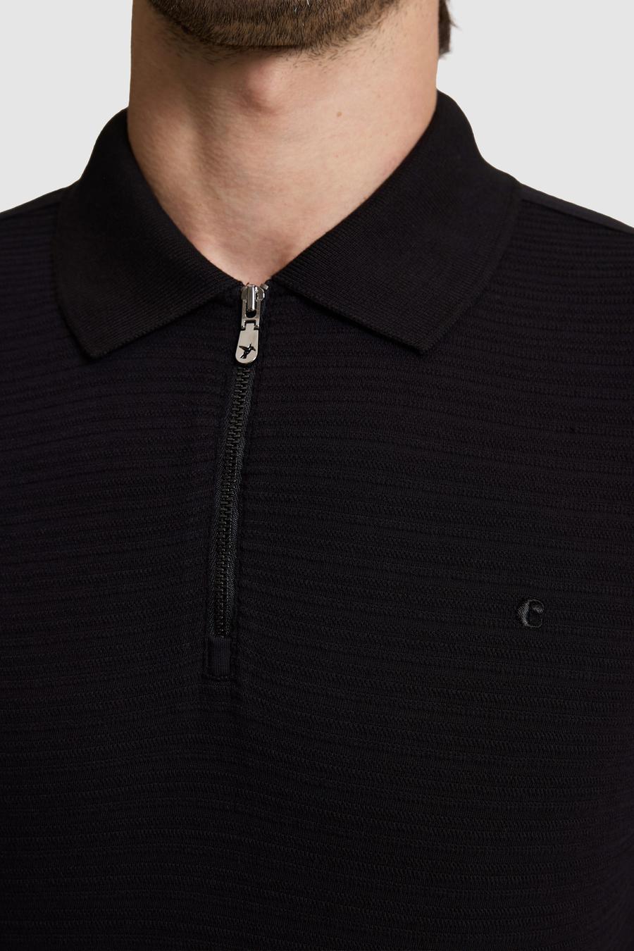 Siyah Slim Fit Fermuarlı Polo Yaka T-shirt - 50328377012