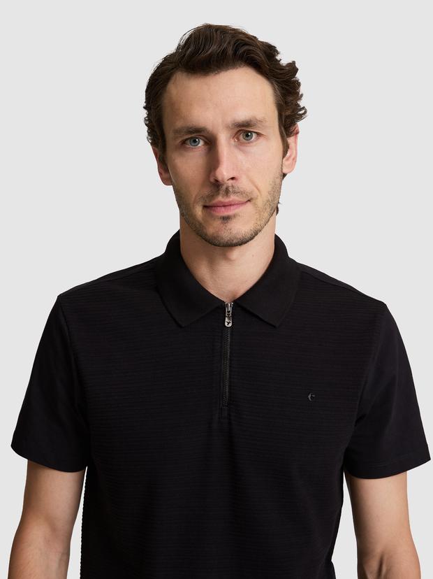 Siyah Slim Fit Fermuarlı Polo Yaka T-shirt