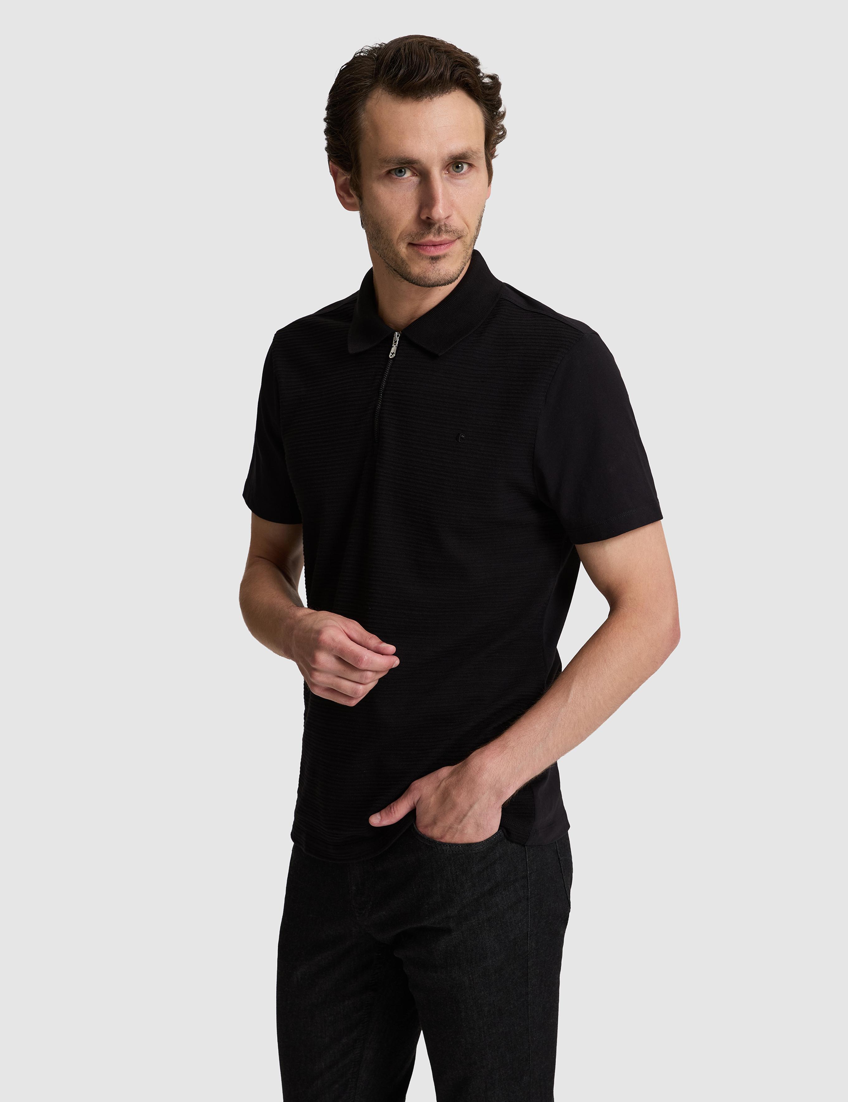 Siyah Slim Fit Fermuarlı Polo Yaka T-shirt - 50328377012