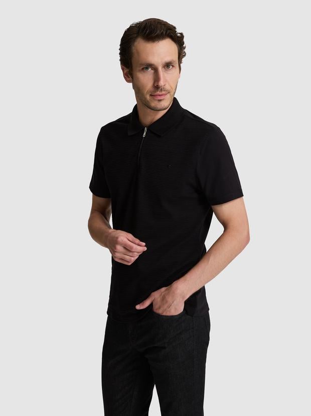 Siyah Slim Fit Fermuarlı Polo Yaka T-shirt
