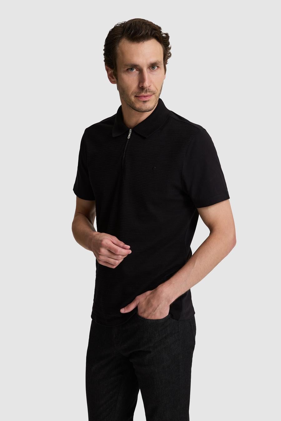 Siyah Slim Fit Fermuarlı Polo Yaka T-shirt - 50328377012