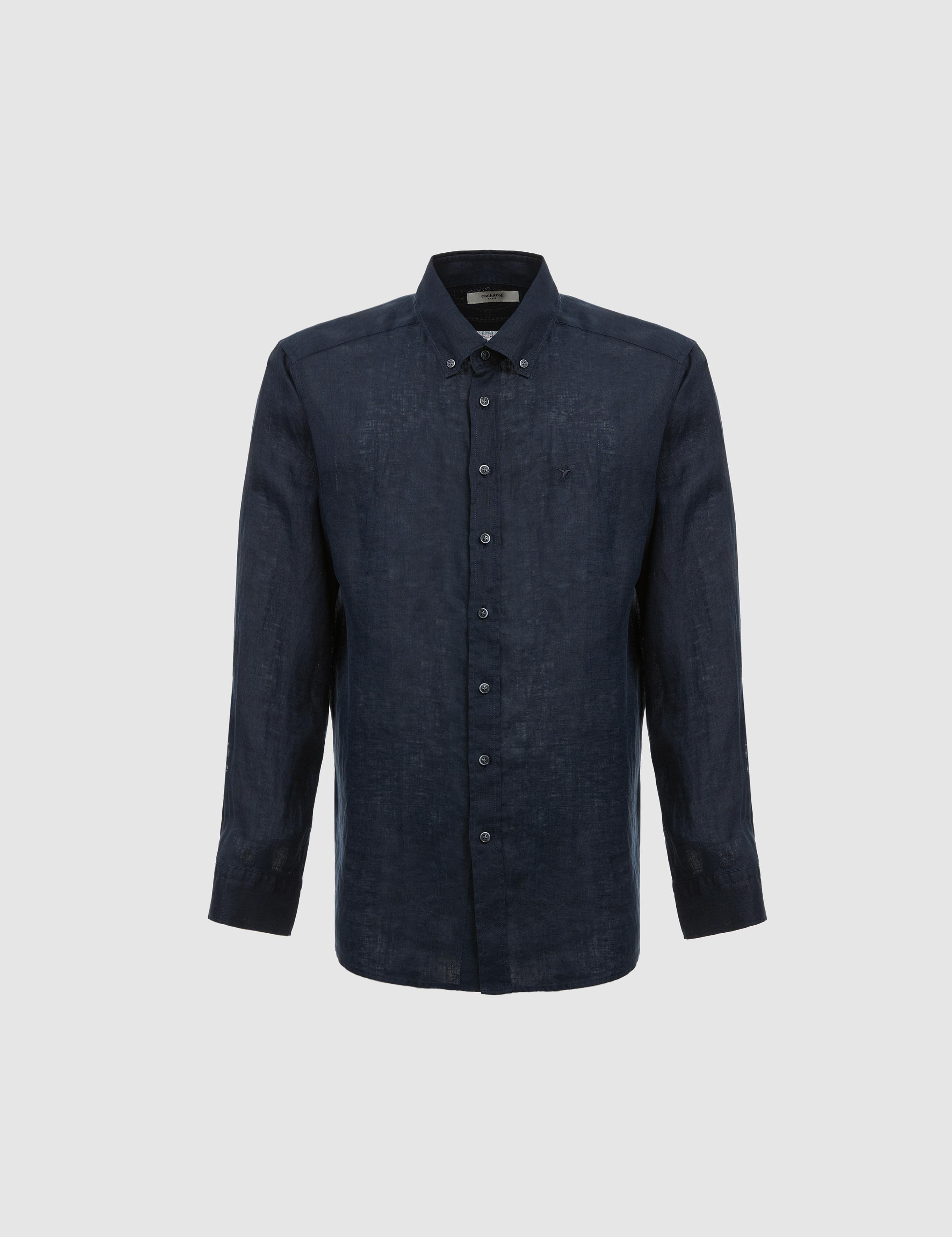 Lacivert Regular Fit Yakası Düğmeli Saf Keten Gömlek - 50319198299