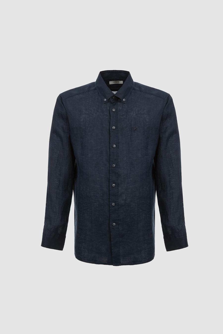 Lacivert Regular Fit Yakası Düğmeli Saf Keten Gömlek - 50319198299