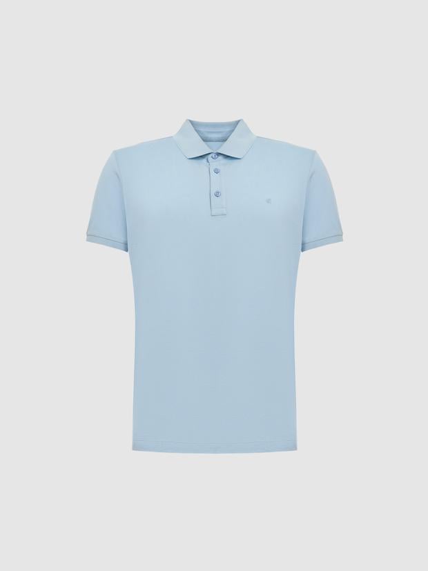 Açık Mavi Slim Fit Saf Pamuk Polo Yaka Basic T-shirt
