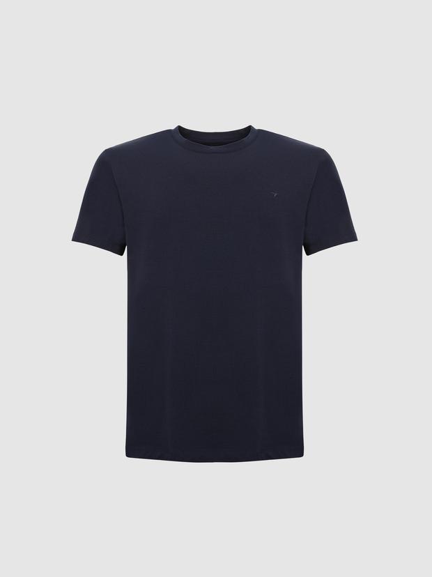 Lacivert Slim Fit Bisiklet Yaka Pamuk Karışımlı Basic T-shirt