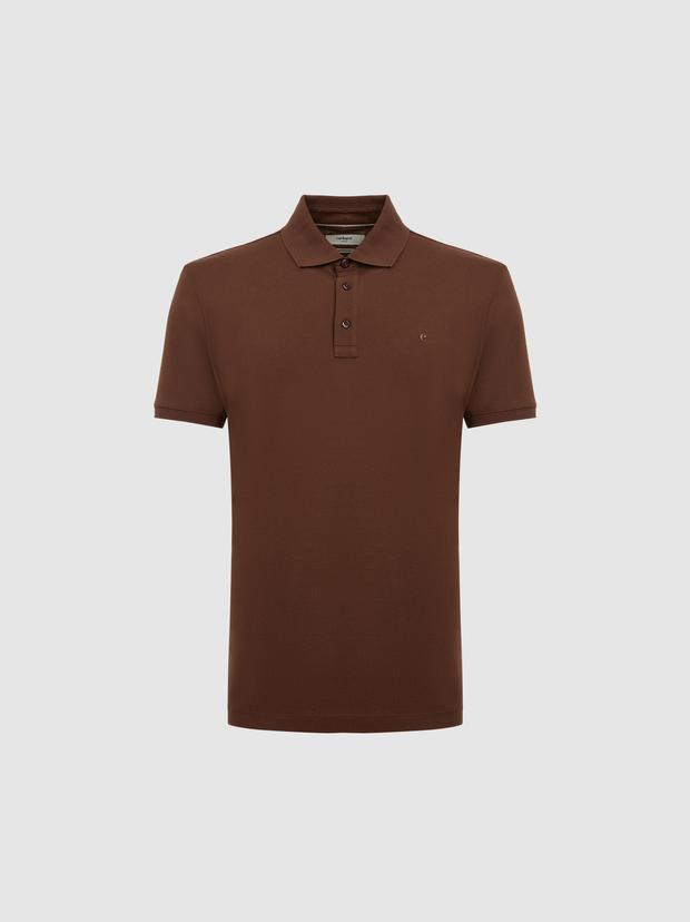 Kahverengi Slim Fit Saf Pamuk Polo Yaka Basic T-shirt