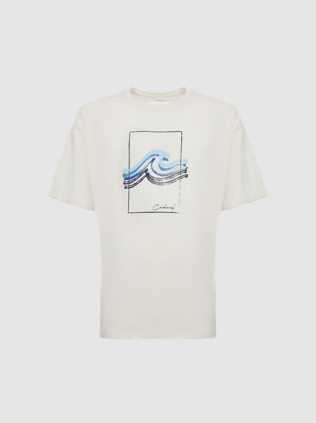 Beyaz Comfort Fit %100 Pamuk Bisiklet Yaka Desenli T-shirt