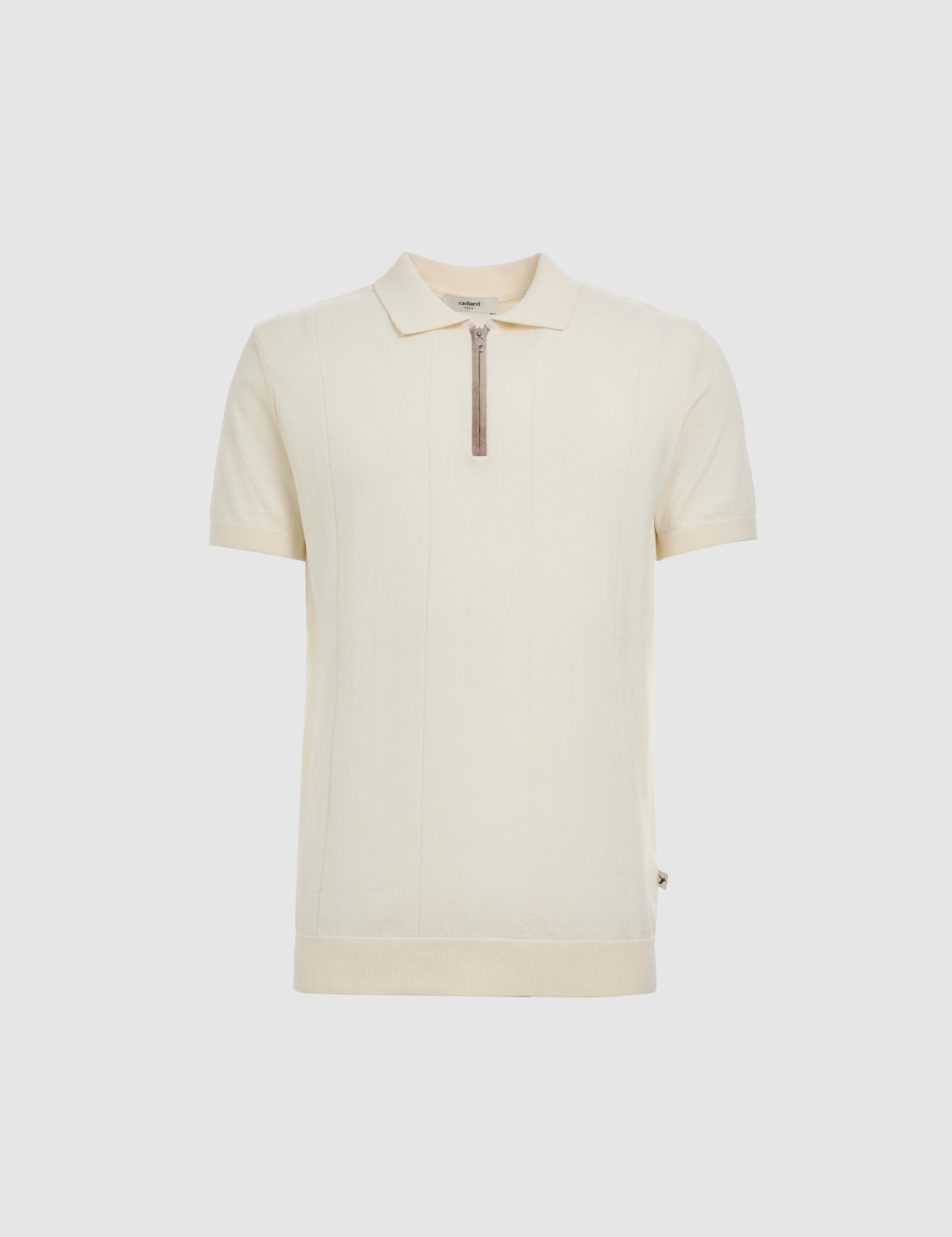 Ekru Slim Fit Fermuarlı Polo Yaka Saf Pamuk Triko T-shirt - 50324006010