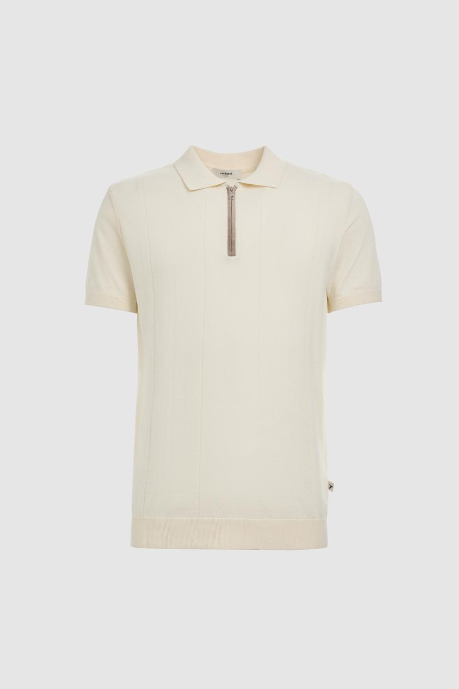 Ekru Slim Fit Fermuarlı Polo Yaka Saf Pamuk Triko T-shirt - 50324006010