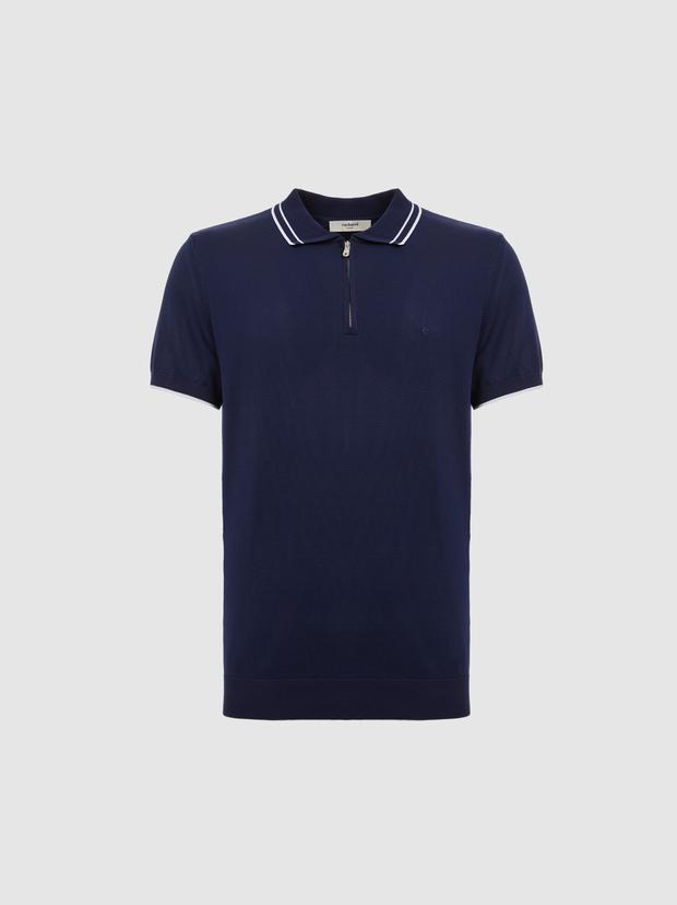 Lacivert Slim Fit Fermuarlı Polo Yaka Triko T-shirt