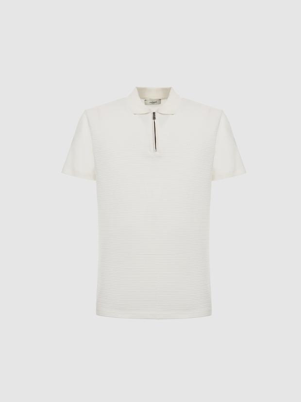 Ekru Slim Fit Saf Pamuk Fermuarlı Polo Yaka T-shirt