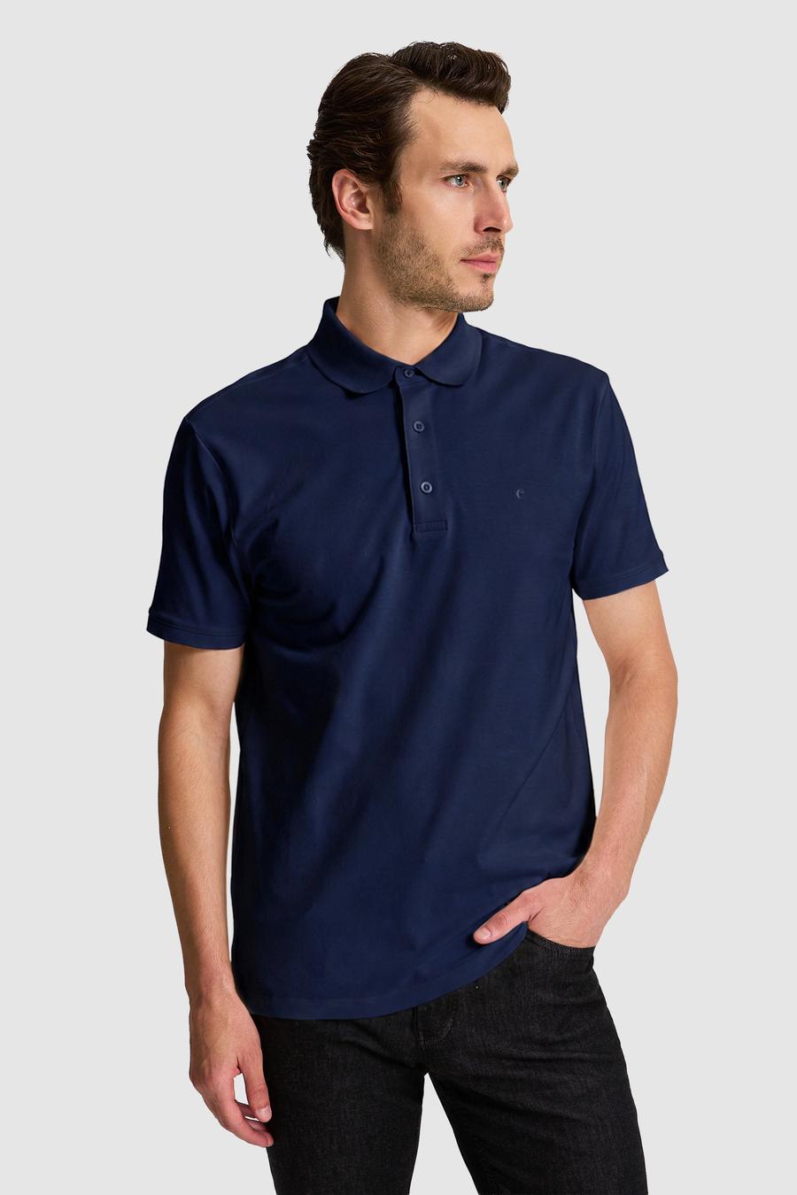 Lacivert Slim Fit Pamuk Karışımlı Düğmeli Polo Yaka Basic T-shirt - 50328375067
