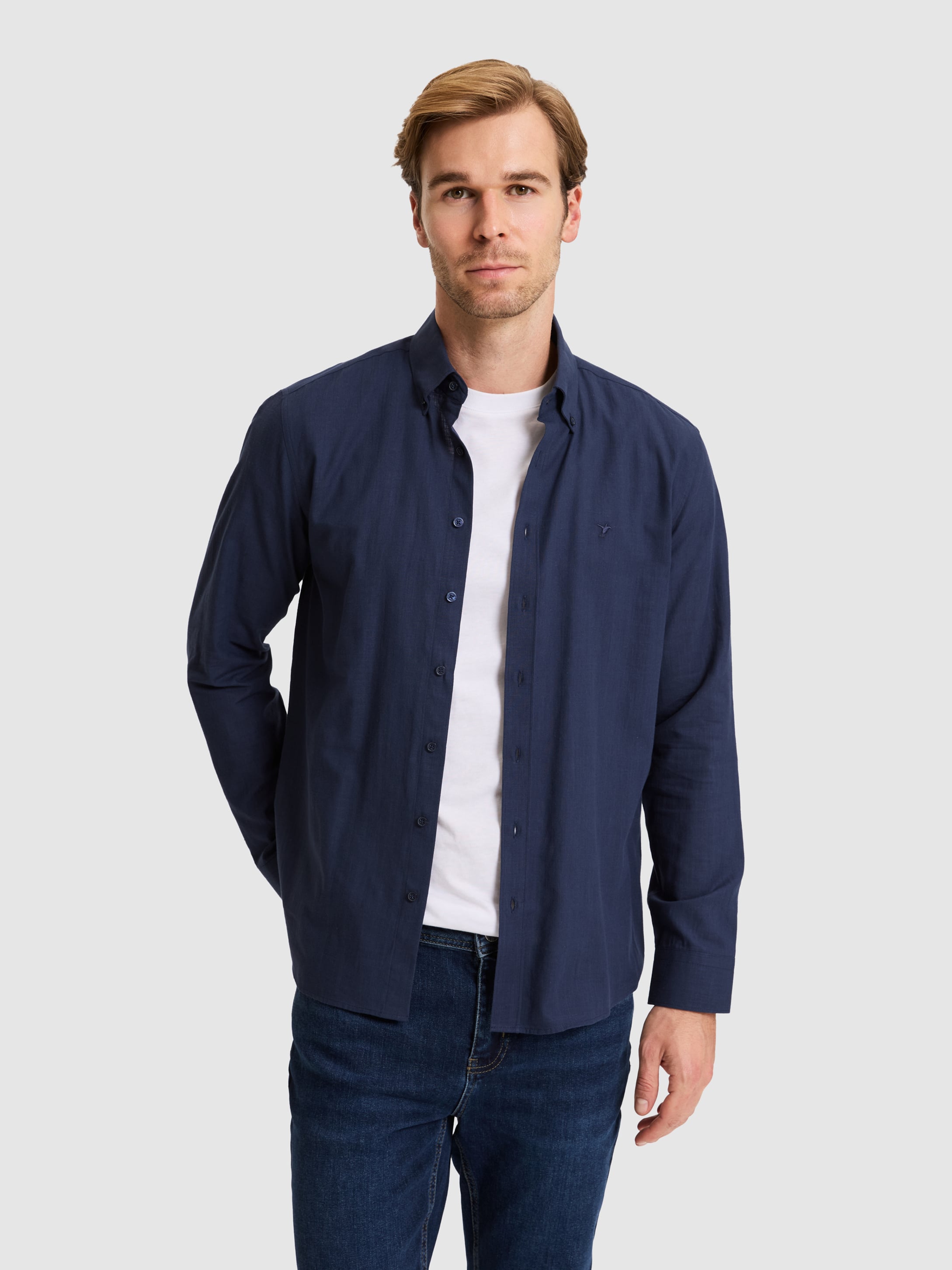 Lacivert Regular Fit Düğmeli Yaka Pamuklu Gömlek