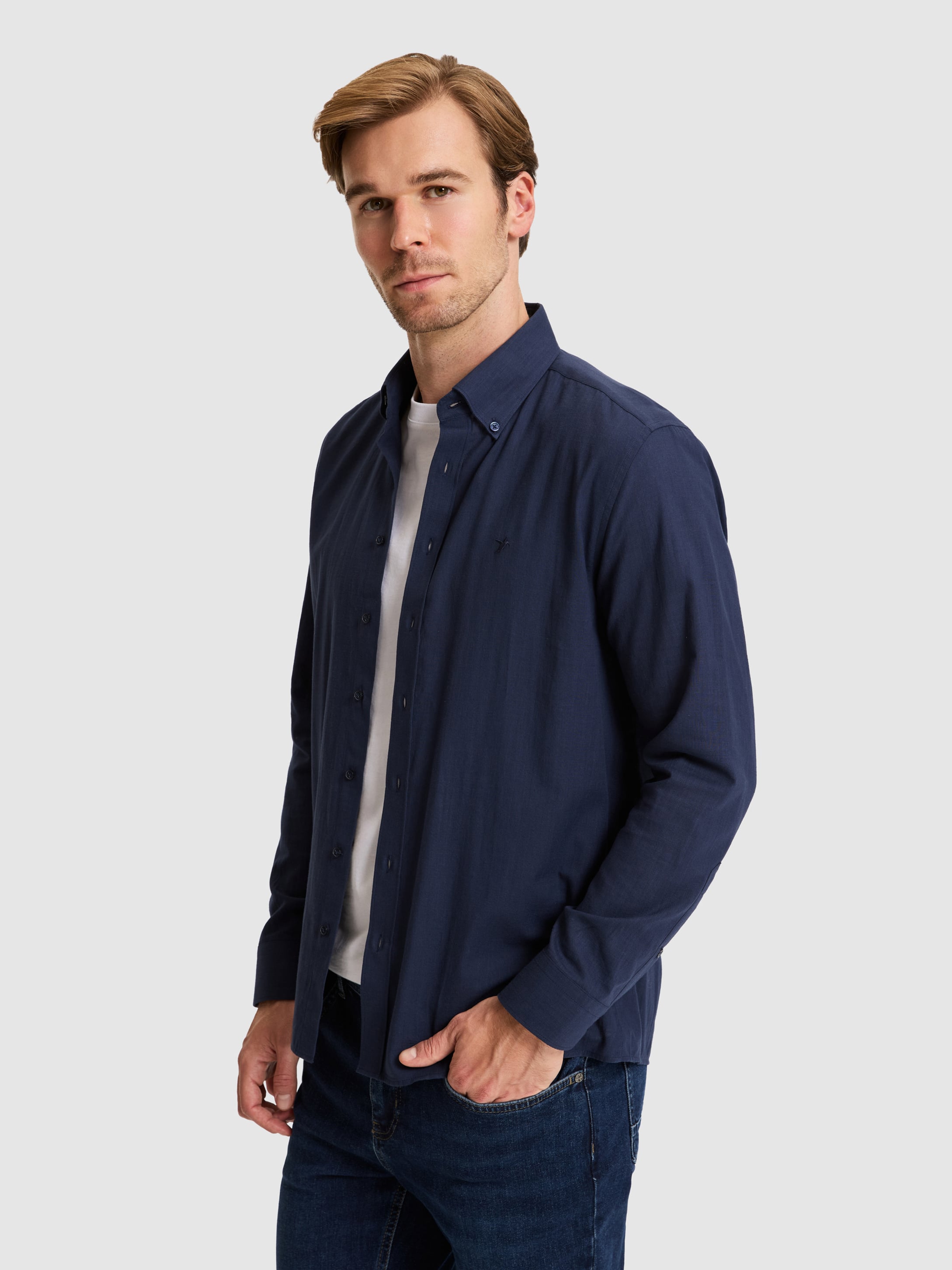 Lacivert Regular Fit Düğmeli Yaka Pamuklu Gömlek - 50311543115