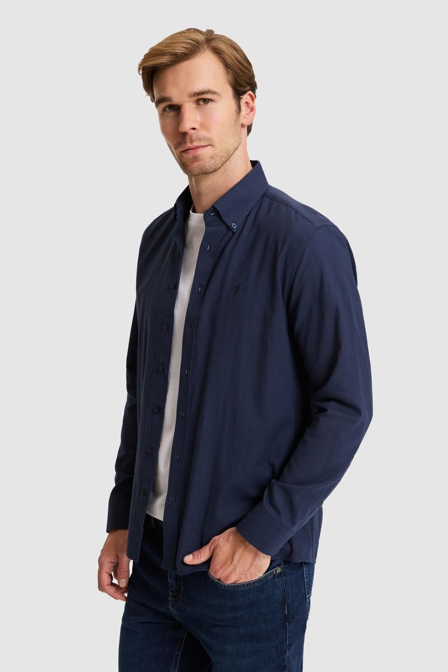 Lacivert Regular Fit Düğmeli Yaka Pamuklu Gömlek - 50311543115