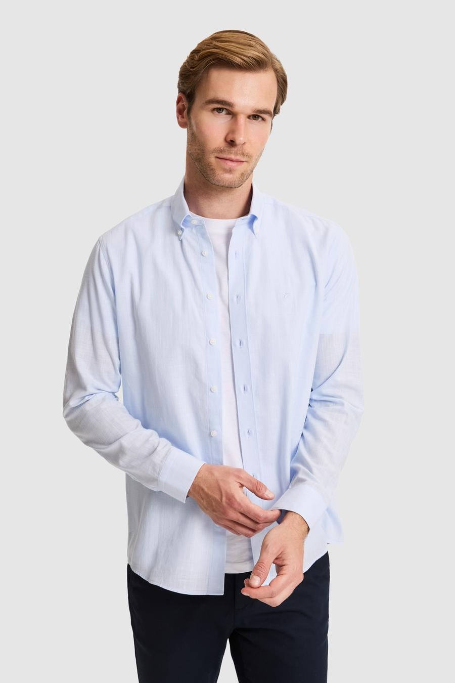 Açık Mavi Regular Fit Düğmeli Yaka Pamuklu Gömlek - 50311543126