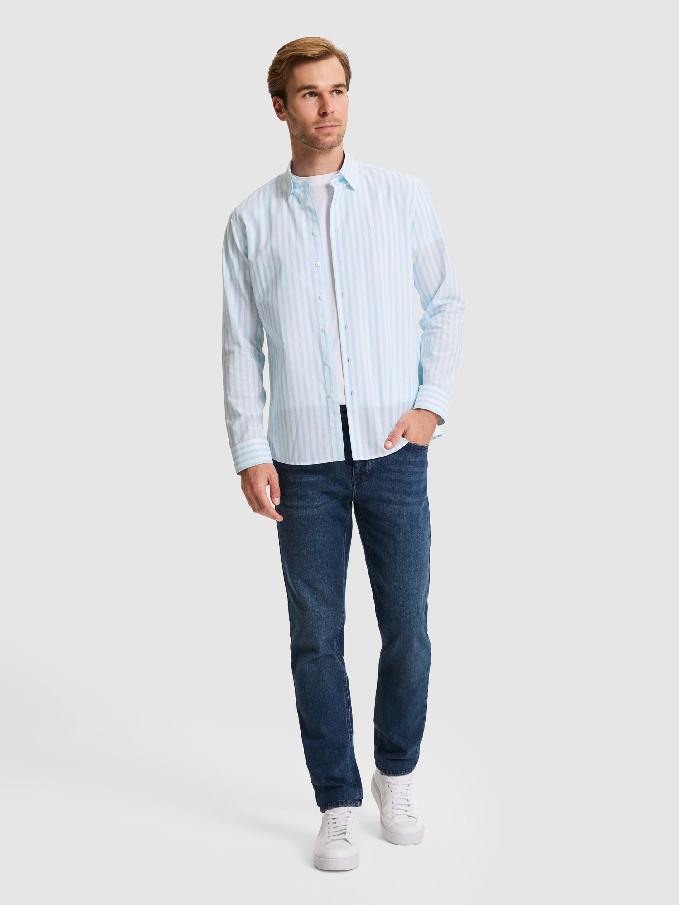 Turkuaz Regular Fit Çizgili Alttan Biritli Yakalı Gömlek - 50300604033