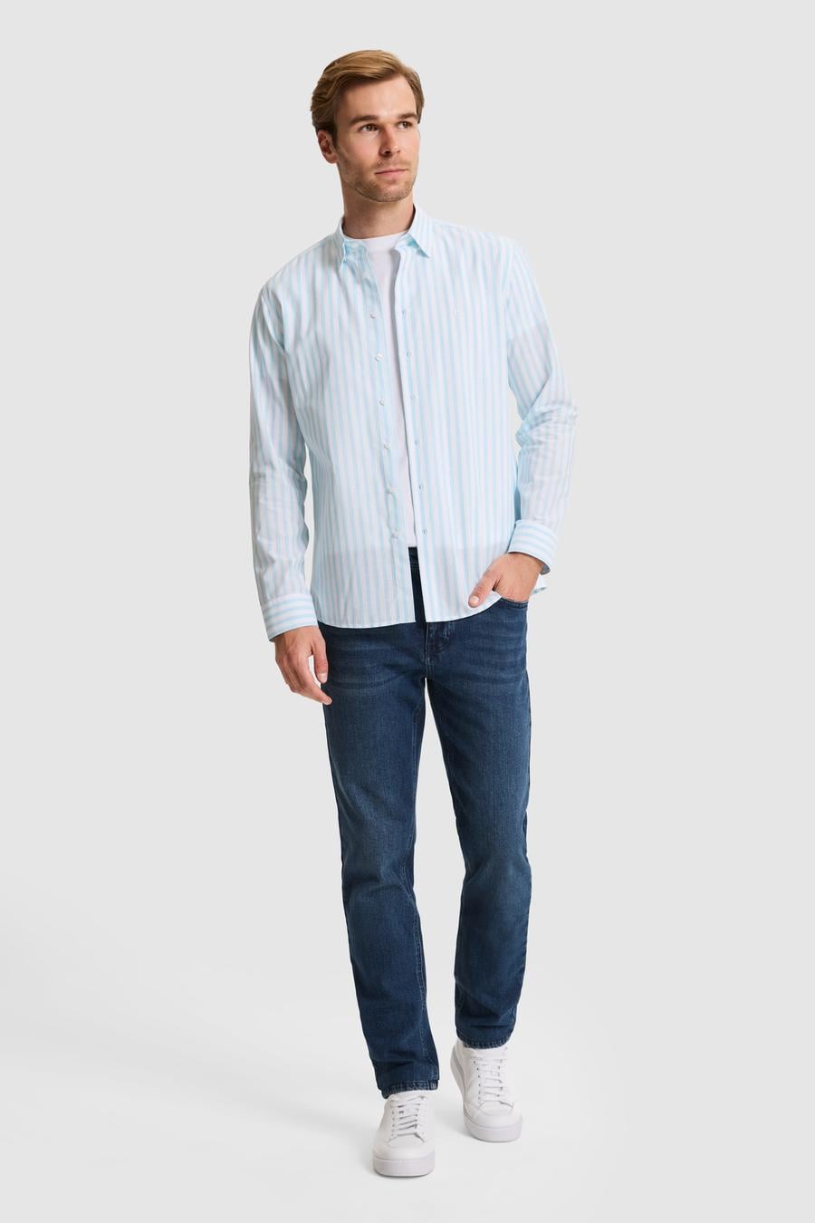 Turkuaz Regular Fit Çizgili Alttan Biritli Yakalı Gömlek - 50300604033