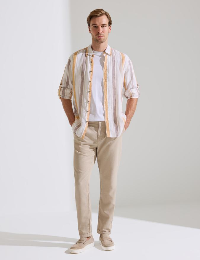 Turuncu Slim Fit %100 Keten Gömlek