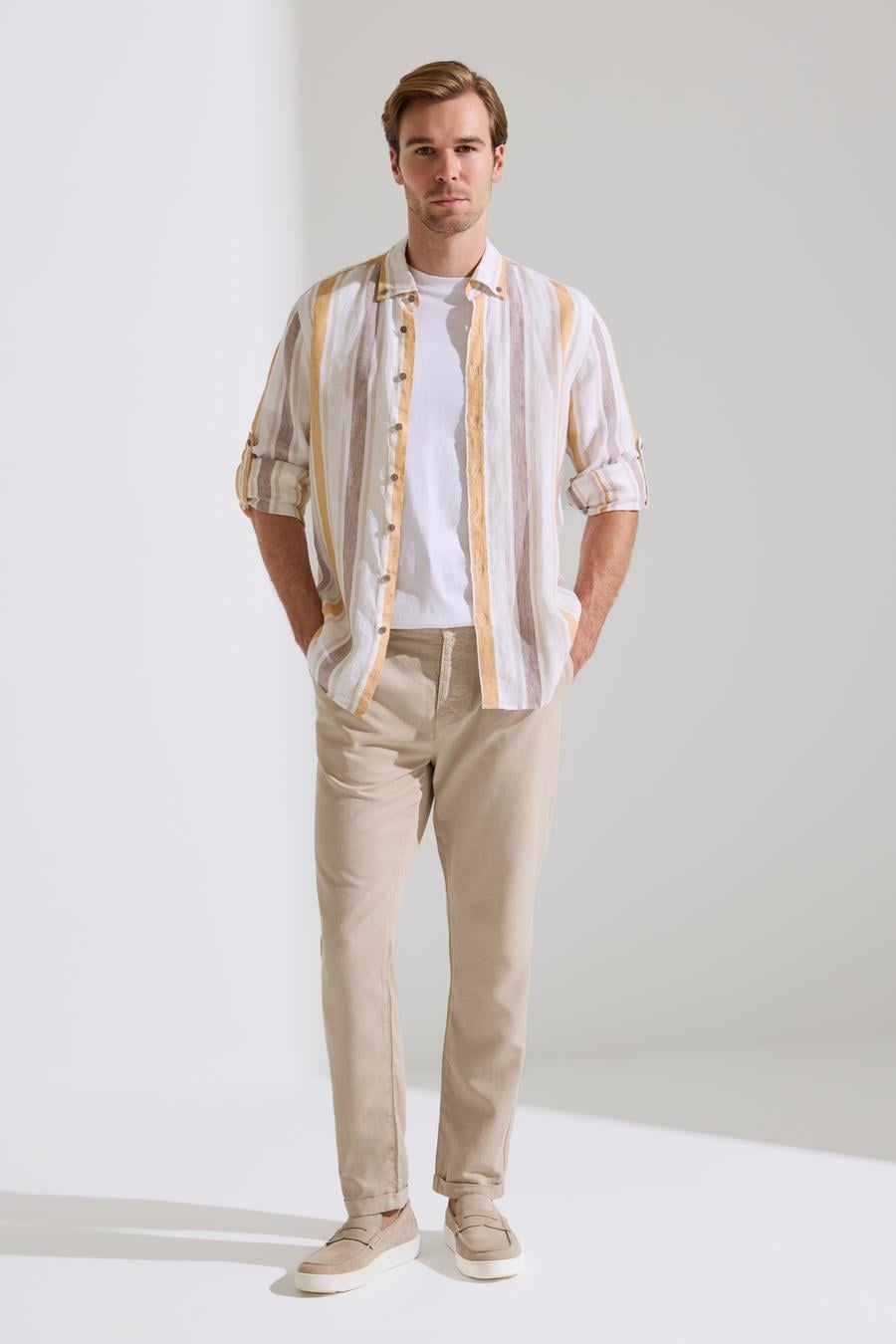 Turuncu Slim Fit %100 Keten Gömlek - 50265480093