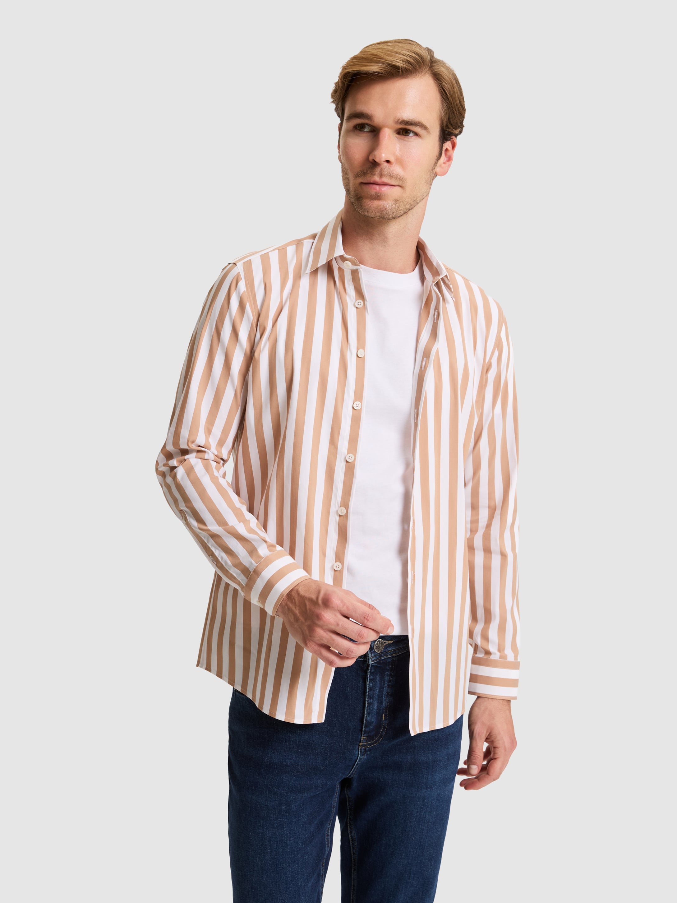 Kahverengi Slim Fit Çizgili Gömlek